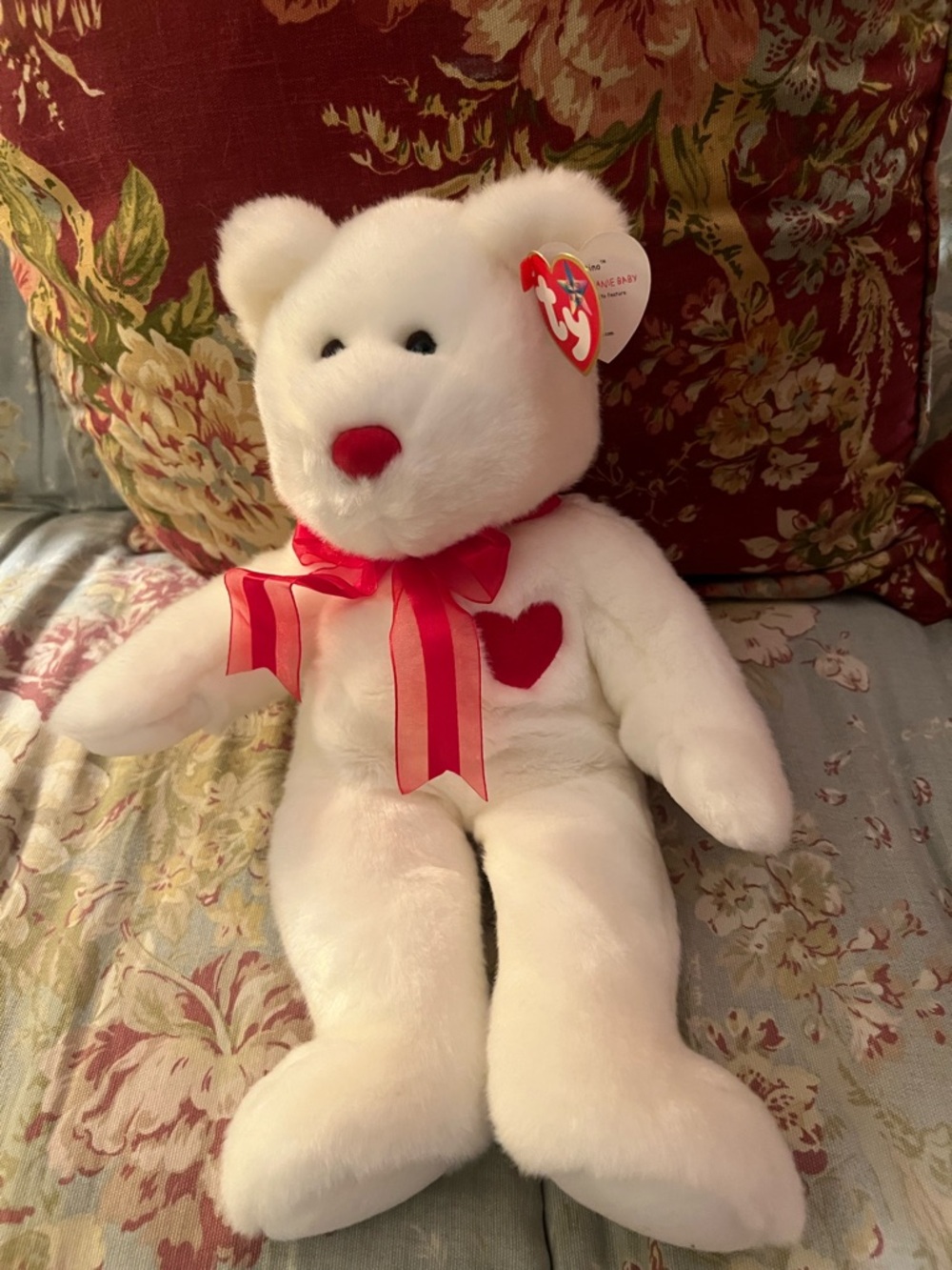 Ty White Plush Valintino Bear with Red Accents